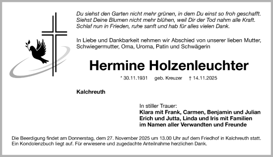 Traueranzeige von Hermine Holzenleuchter von Gesamtausgabe Nürnberger Nachrichten/ Nürnberger Ztg.