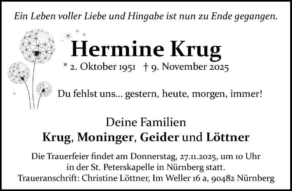  Traueranzeige für Hermine Krug vom 22.11.2025 aus Gesamtausgabe Nürnberger Nachrichten/ Nürnberger Ztg.