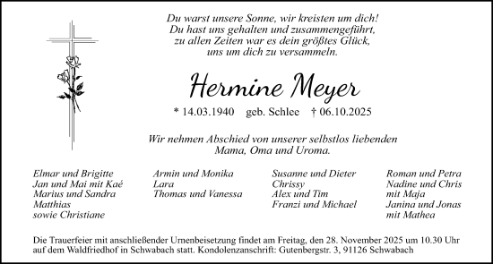 Traueranzeige von Hermine Meyer von Gesamtausgabe Nürnberger Nachrichten/ Nürnberger Ztg.