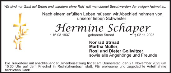 Traueranzeige von Hermine Schaper von Schwabacher Tagblatt Lokal