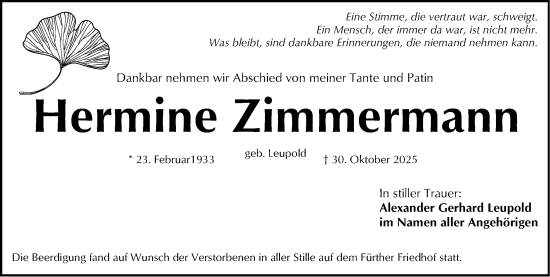 Traueranzeige von Hermine Zimmermann von Fürther Nachrichten Lokal