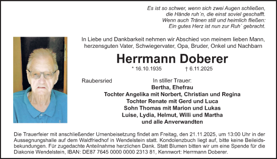 Traueranzeige von Herrmann Doberer von Schwabacher Tagblatt Lokal
