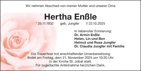 Traueranzeige von Hertha Enßle von Gesamtausgabe Nürnberger Nachrichten/ Nürnberger Ztg.
