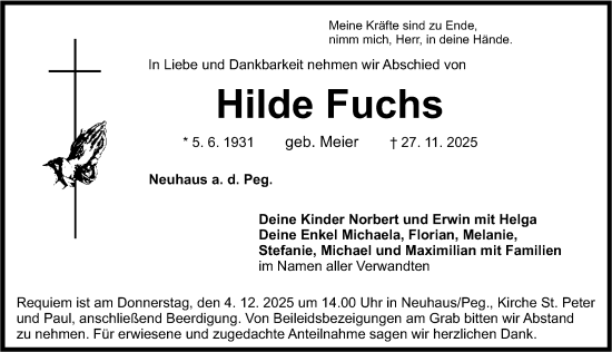 Traueranzeige von Hilde Fuchs von Nordbayerische Nachrichten Pegnitz Lokal