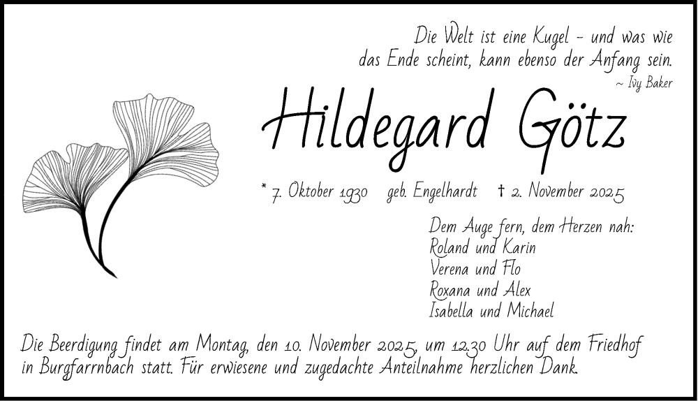  Traueranzeige für Hildegard Götz vom 08.11.2025 aus Gesamtausgabe Nürnberger Nachrichten/ Nürnberger Ztg.