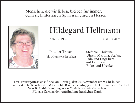 Traueranzeige von Hildegard Hellmann von Nordbayerische Nachrichten Forchheim Lokal