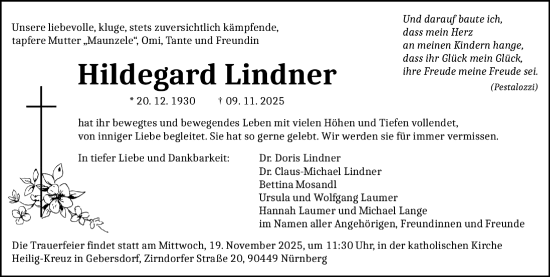 Traueranzeige von Hildegard Lindner von Gesamtausgabe Nürnberger Nachrichten/ Nürnberger Ztg.