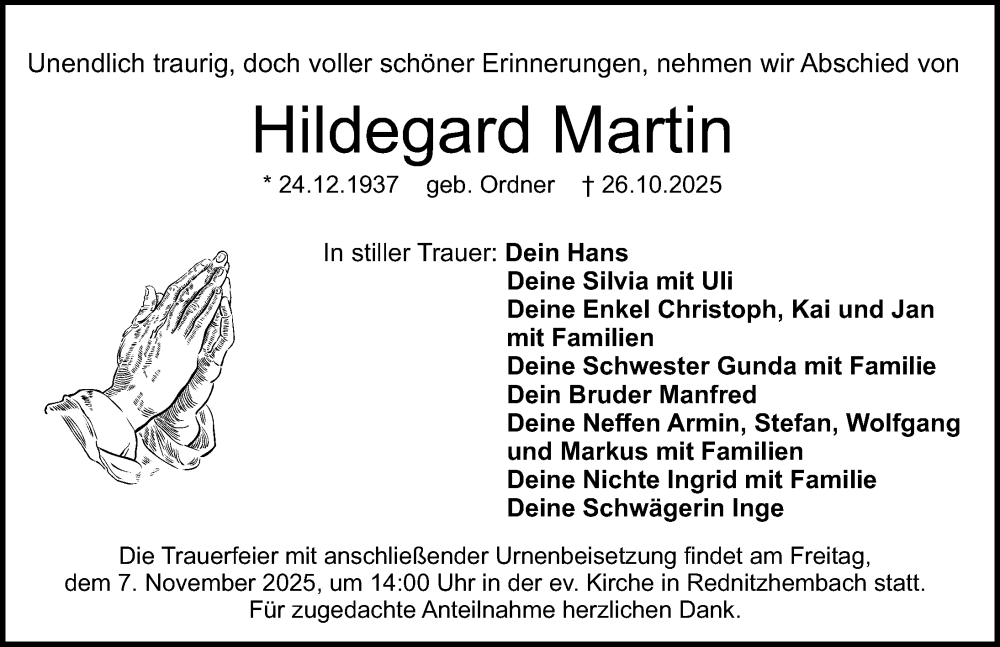  Traueranzeige für Hildegard Martin vom 05.11.2025 aus Schwabacher Tagblatt Lokal