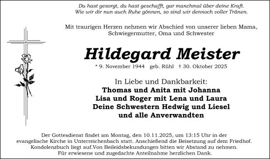 Traueranzeige von Hildegard Meister von Schwabacher Tagblatt Lokal