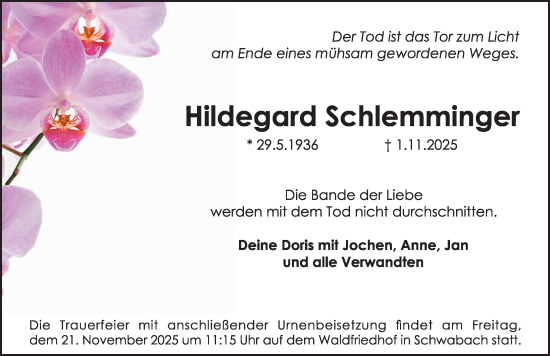 Traueranzeige von Hildegard Schlemminger von Schwabacher Tagblatt Lokal
