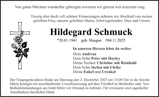 Traueranzeige von Hildegard Schmuck von Erlanger Nachrichten Lokal
