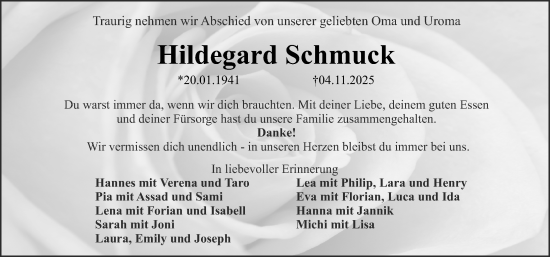 Traueranzeige von Hildegard Schmuck von Erlanger Nachrichten Lokal