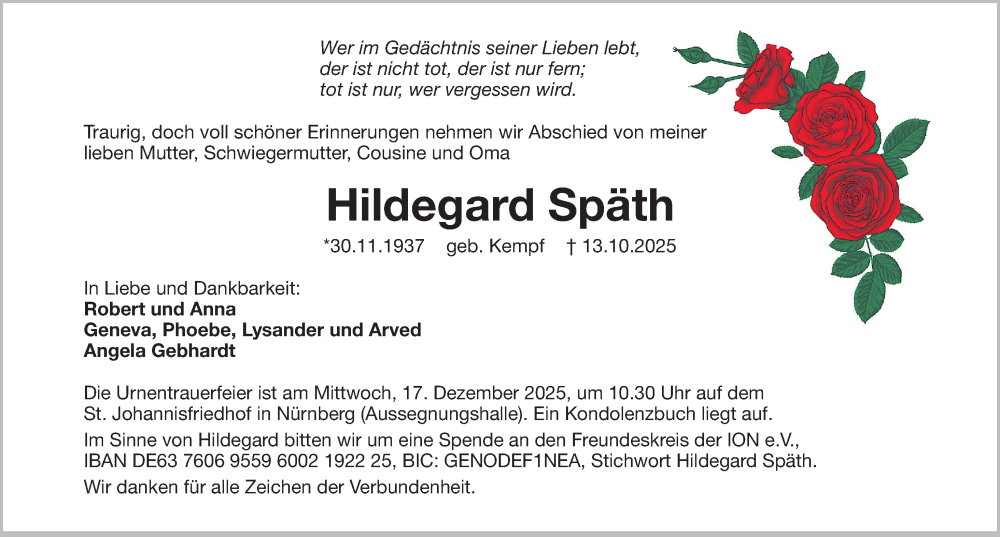  Traueranzeige für Hildegard Späth vom 29.11.2025 aus Gesamtausgabe Nürnberger Nachrichten/ Nürnberger Ztg.