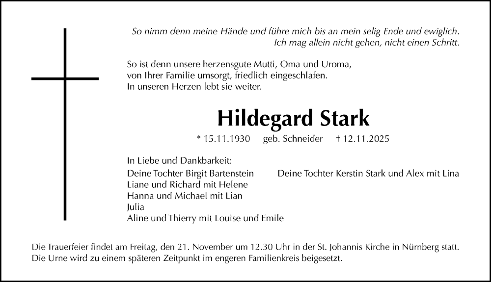  Traueranzeige für Hildegard Stark vom 19.11.2025 aus Gesamtausgabe Nürnberger Nachrichten/ Nürnberger Ztg.