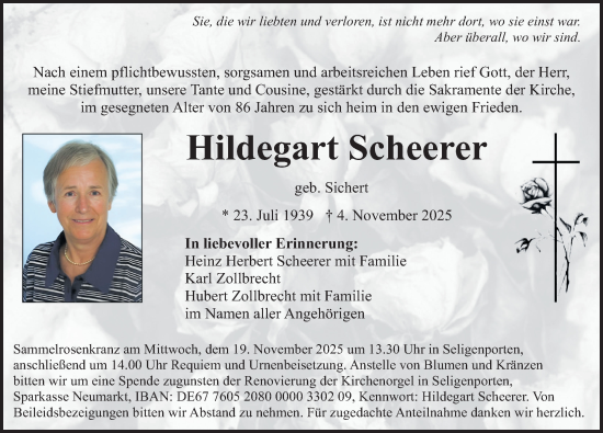 Traueranzeige von Hildegart Scheerer von Neumarkter Nachrichten Lokal