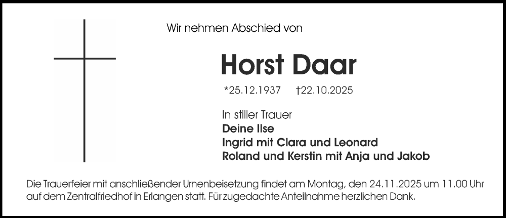  Traueranzeige für Horst Daar vom 22.11.2025 aus Erlanger Nachrichten Lokal