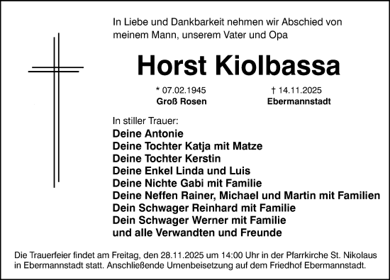 Traueranzeige von Horst Kiolbassa von Nordbayerische Nachrichten Forchheim Lokal