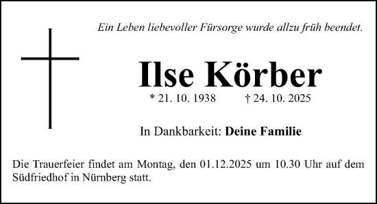 Traueranzeige von Ilse Körber von Gesamtausgabe Nürnberger Nachrichten/ Nürnberger Ztg.