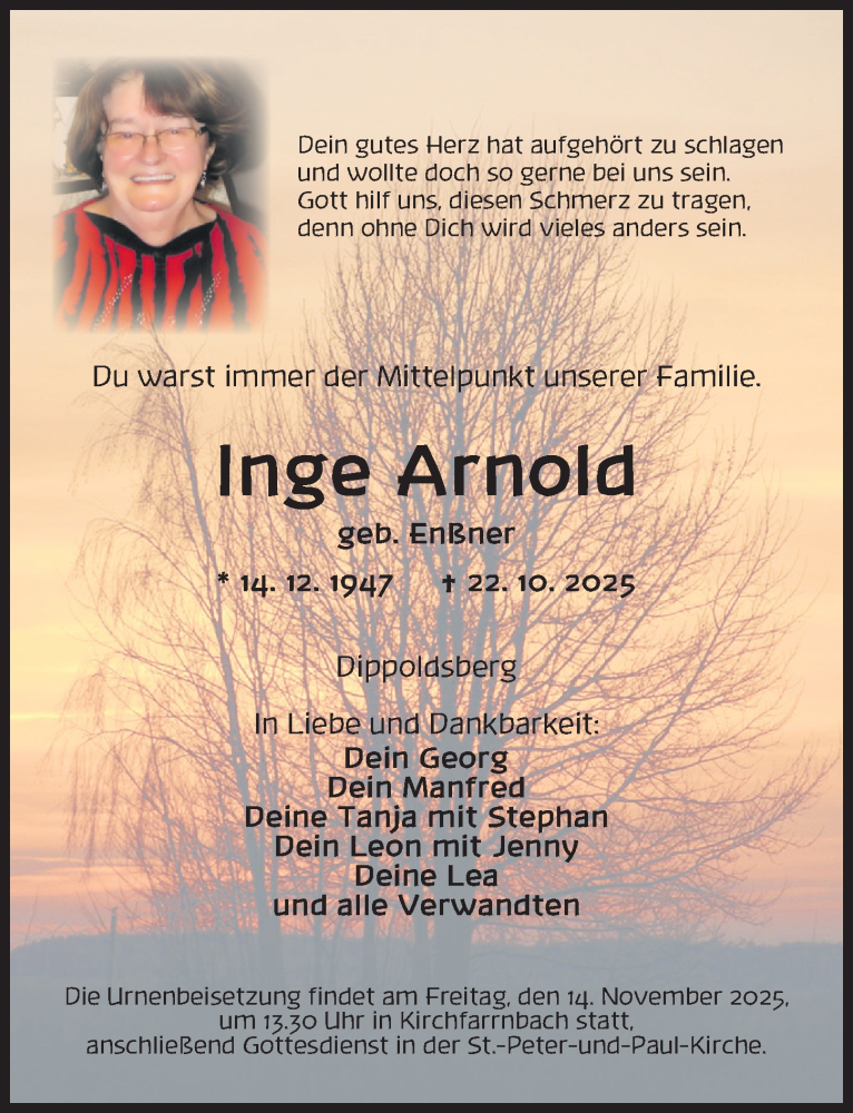  Traueranzeige für Inge Arnold vom 08.11.2025 aus Fürther Nachrichten Lokal