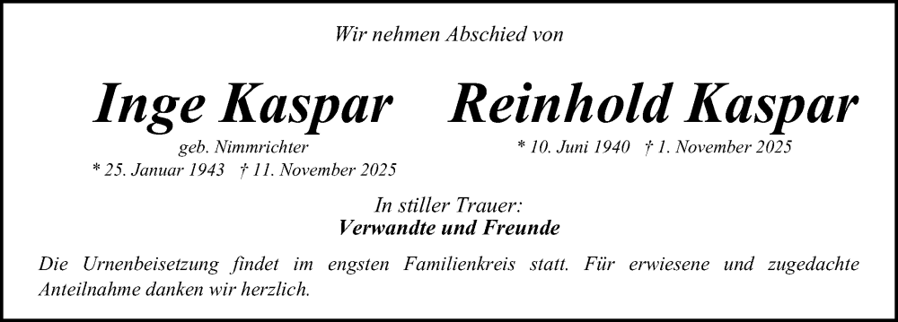  Traueranzeige für Inge Kaspar vom 29.11.2025 aus Gesamtausgabe Nürnberger Nachrichten/ Nürnberger Ztg.