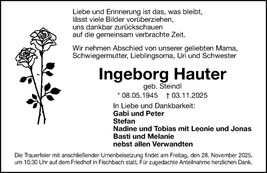 Traueranzeige von Ingeborg Hauter von Gesamtausgabe Nürnberger Nachrichten/ Nürnberger Ztg.