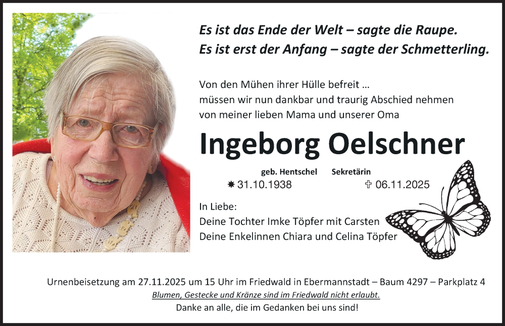  Traueranzeige für Ingeborg Oelschner vom 22.11.2025 aus Nordbayerische Nachrichten Forchheim Lokal