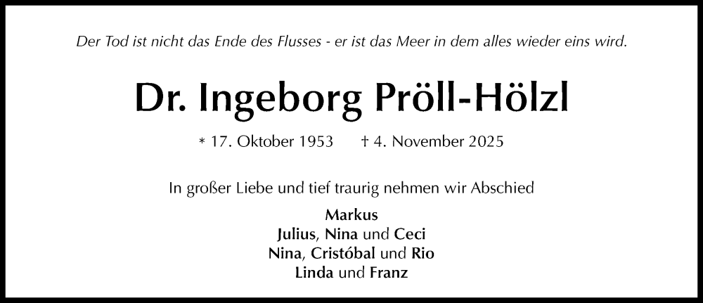  Traueranzeige für Ingeborg Pröll-Hölzl vom 08.11.2025 aus Gesamtausgabe Nürnberger Nachrichten/ Nürnberger Ztg.