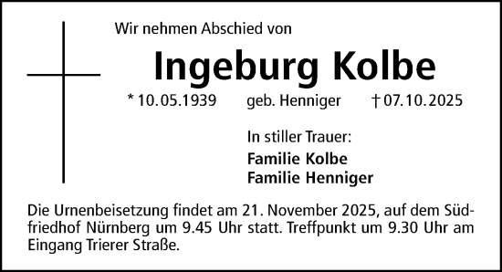 Traueranzeige von Ingeburg Kolbe von Gesamtausgabe Nürnberger Nachrichten/ Nürnberger Ztg.