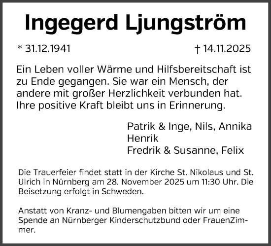 Traueranzeige von Ingegerd Ljungström von Gesamtausgabe Nürnberger Nachrichten/ Nürnberger Ztg.