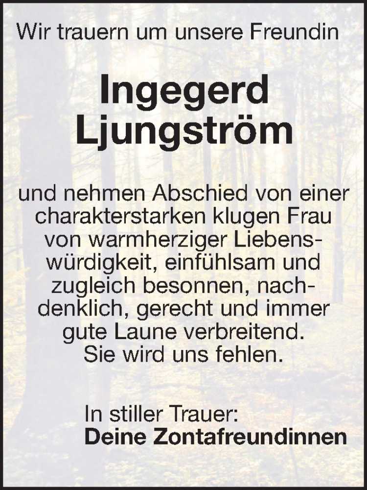  Traueranzeige für Ingegerd Ljungström vom 22.11.2025 aus Gesamtausgabe Nürnberger Nachrichten/ Nürnberger Ztg.