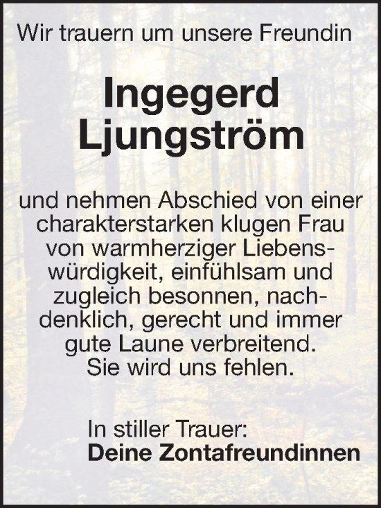 Traueranzeige von Ingegerd Ljungström von Gesamtausgabe Nürnberger Nachrichten/ Nürnberger Ztg.