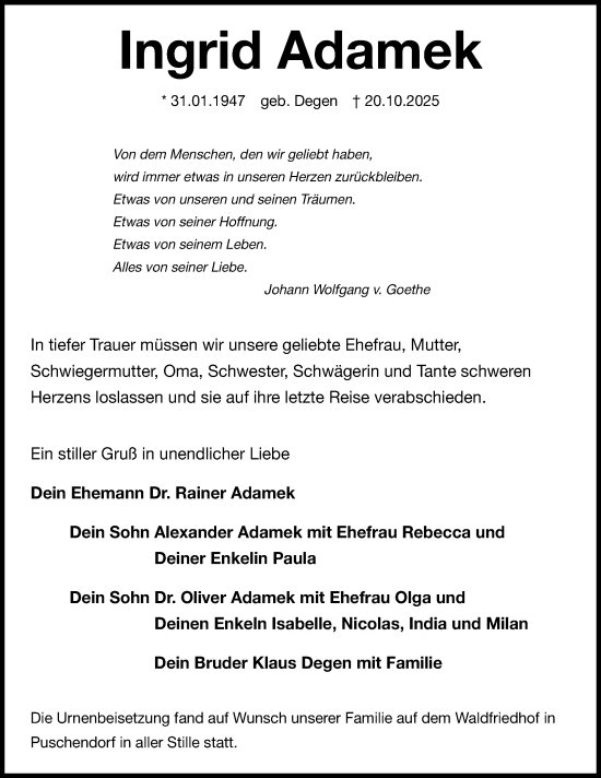 Traueranzeige von Ingrid Adamek von Fürther Nachrichten Lokal