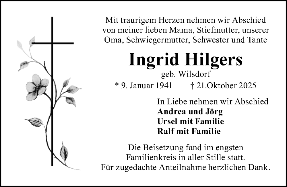  Traueranzeige für Ingrid Hilgers vom 08.11.2025 aus Gesamtausgabe Nürnberger Nachrichten/ Nürnberger Ztg.