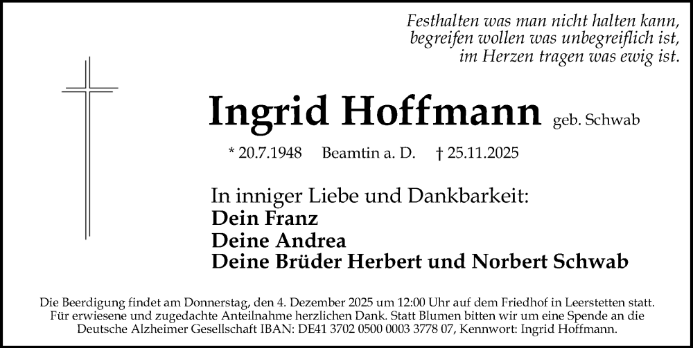  Traueranzeige für Ingrid Hoffmann vom 29.11.2025 aus HST,G