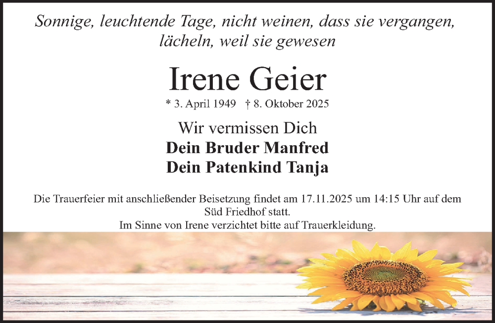  Traueranzeige für Irene Geiler vom 08.11.2025 aus Gesamtausgabe Nürnberger Nachrichten/ Nürnberger Ztg.