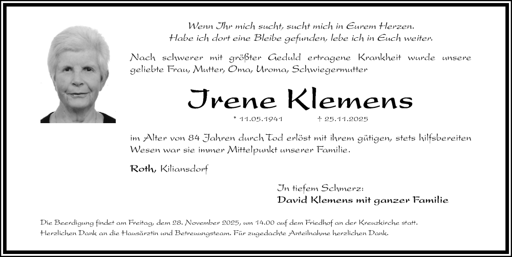  Traueranzeige für Irene Klemens vom 27.11.2025 aus Roth-Hilpoltsteiner Volkszeitung Lokal