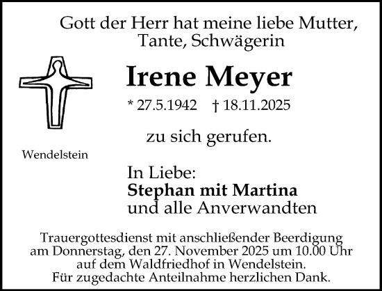 Traueranzeige von Irene Meyer von Gesamtausgabe Nürnberger Nachrichten/ Nürnberger Ztg.