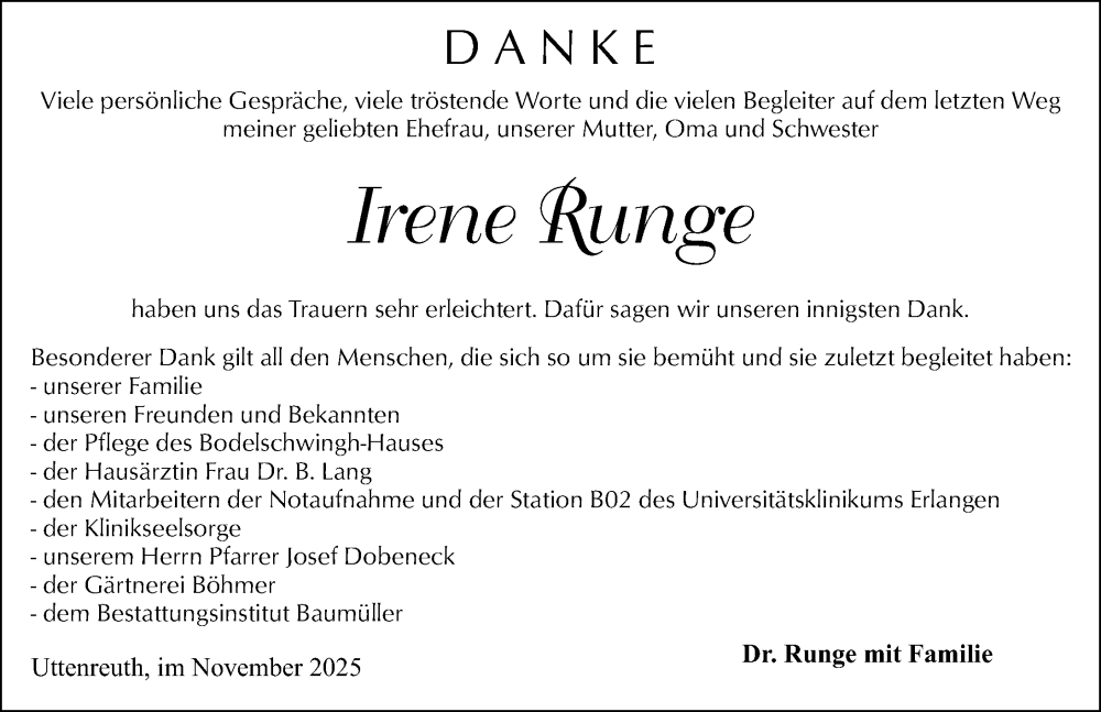  Traueranzeige für Irene Runge vom 15.11.2025 aus Erlanger Nachrichten Lokal