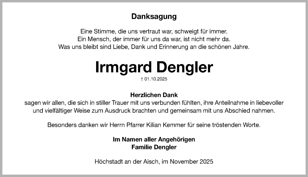  Traueranzeige für Irmgard Dengler vom 01.12.2025 aus Nordbayerische Nachrichten Herzogenaurach Lokal