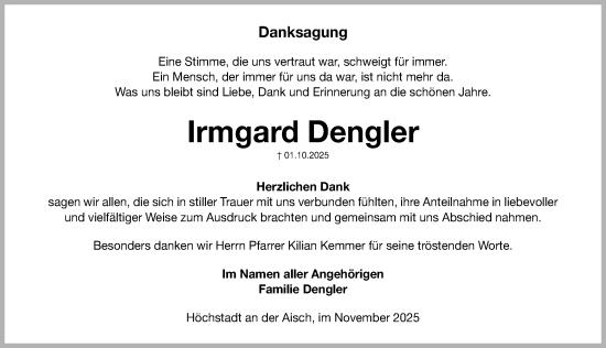 Traueranzeige von Irmgard Dengler von Nordbayerische Nachrichten Herzogenaurach Lokal