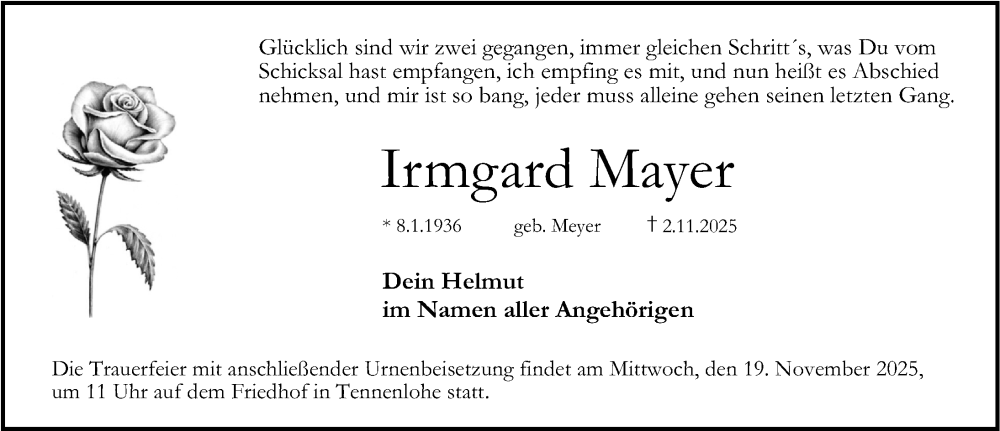  Traueranzeige für Irmgard Mayer vom 15.11.2025 aus Erlanger Nachrichten Lokal