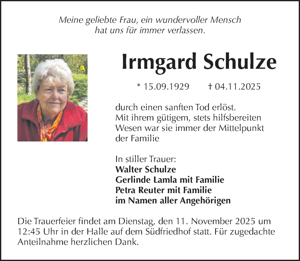  Traueranzeige für Irmgard Schulze vom 08.11.2025 aus Gesamtausgabe Nürnberger Nachrichten/ Nürnberger Ztg.
