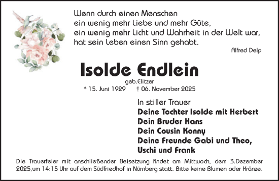 Traueranzeige von Isolde Endlein von Gesamtausgabe Nürnberger Nachrichten/ Nürnberger Ztg.