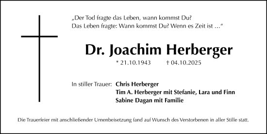 Traueranzeige von Joachim Herberger von Gesamtausgabe Nürnberger Nachrichten/ Nürnberger Ztg.