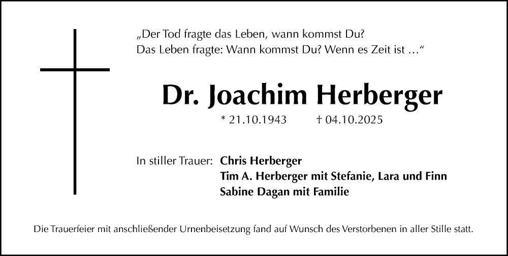  Traueranzeige für Joachim Herberger vom 08.11.2025 aus Gesamtausgabe Nürnberger Nachrichten/ Nürnberger Ztg.