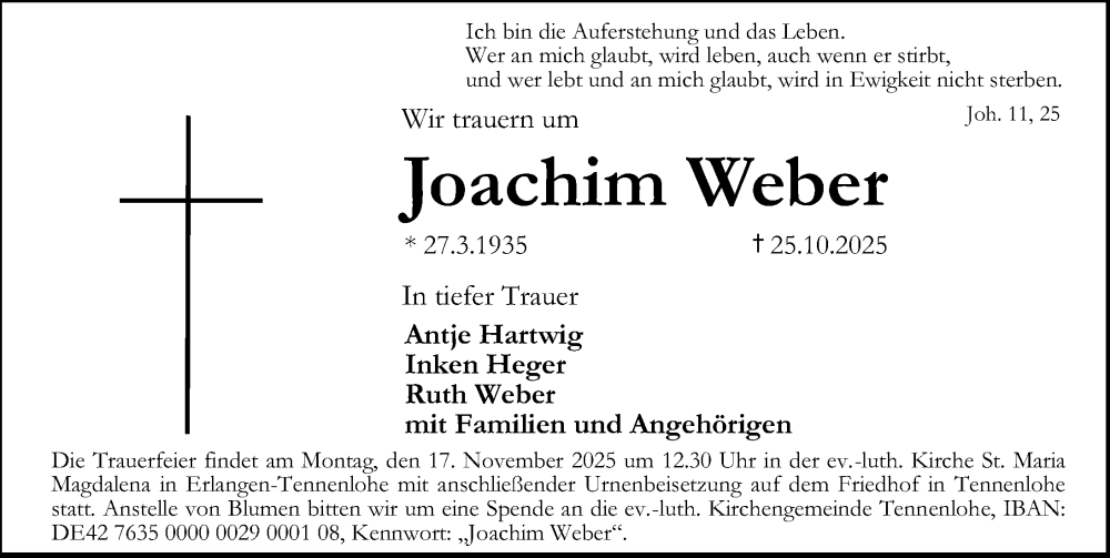  Traueranzeige für Joachim Weber vom 08.11.2025 aus Erlanger Nachrichten Lokal