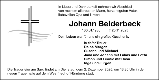 Traueranzeige von Johann Beiderbeck von Gesamtausgabe Nürnberger Nachrichten/ Nürnberger Ztg.