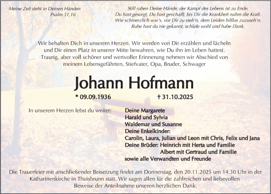 Traueranzeige von Johann Hofmann von Nordbayerische Nachrichten Forchheim Lokal