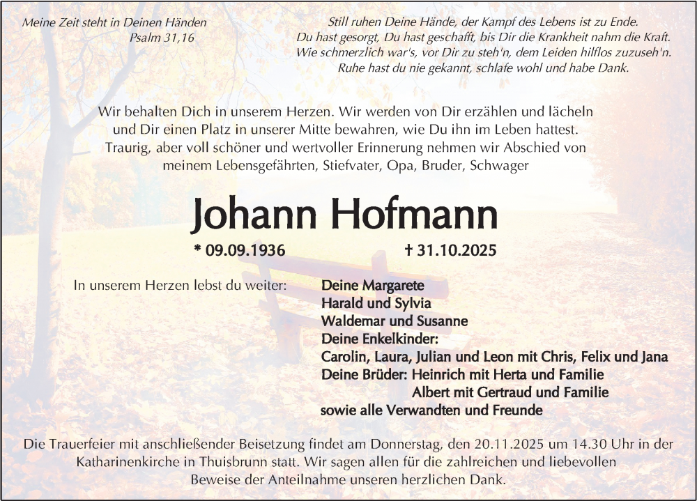  Traueranzeige für Johann Hofmann vom 15.11.2025 aus Nordbayerische Nachrichten Forchheim Lokal