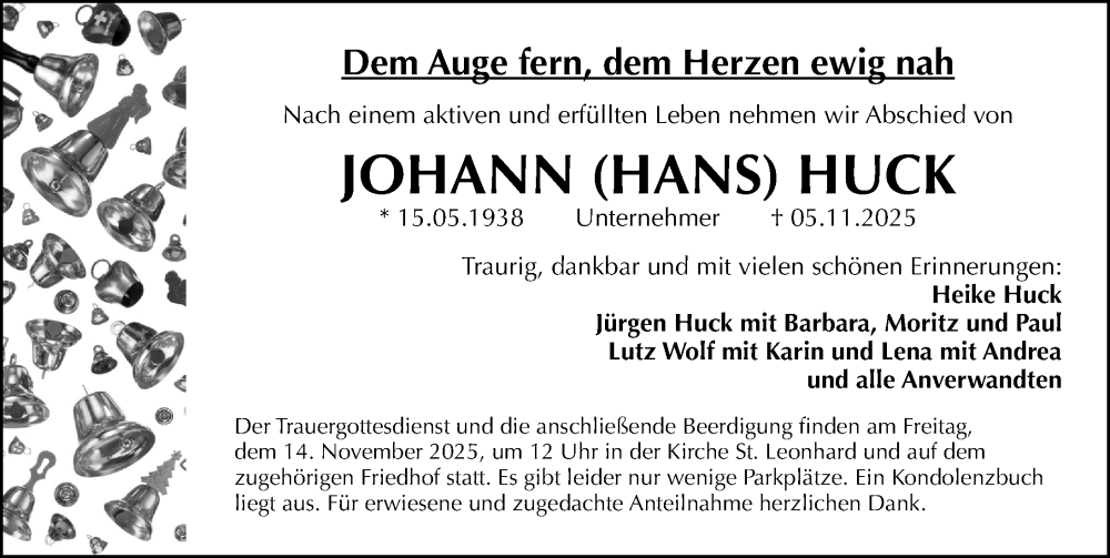  Traueranzeige für Johann Huck vom 12.11.2025 aus Gesamtausgabe Nürnberger Nachrichten/ Nürnberger Ztg.